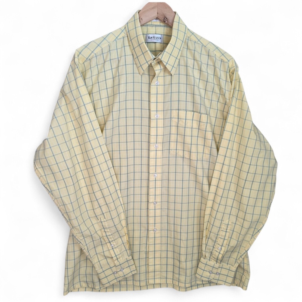 Van Heusen Dress Shirt Mens 16.5 Yellow Check Button Up Cotton Rich‎ Long Sleeve